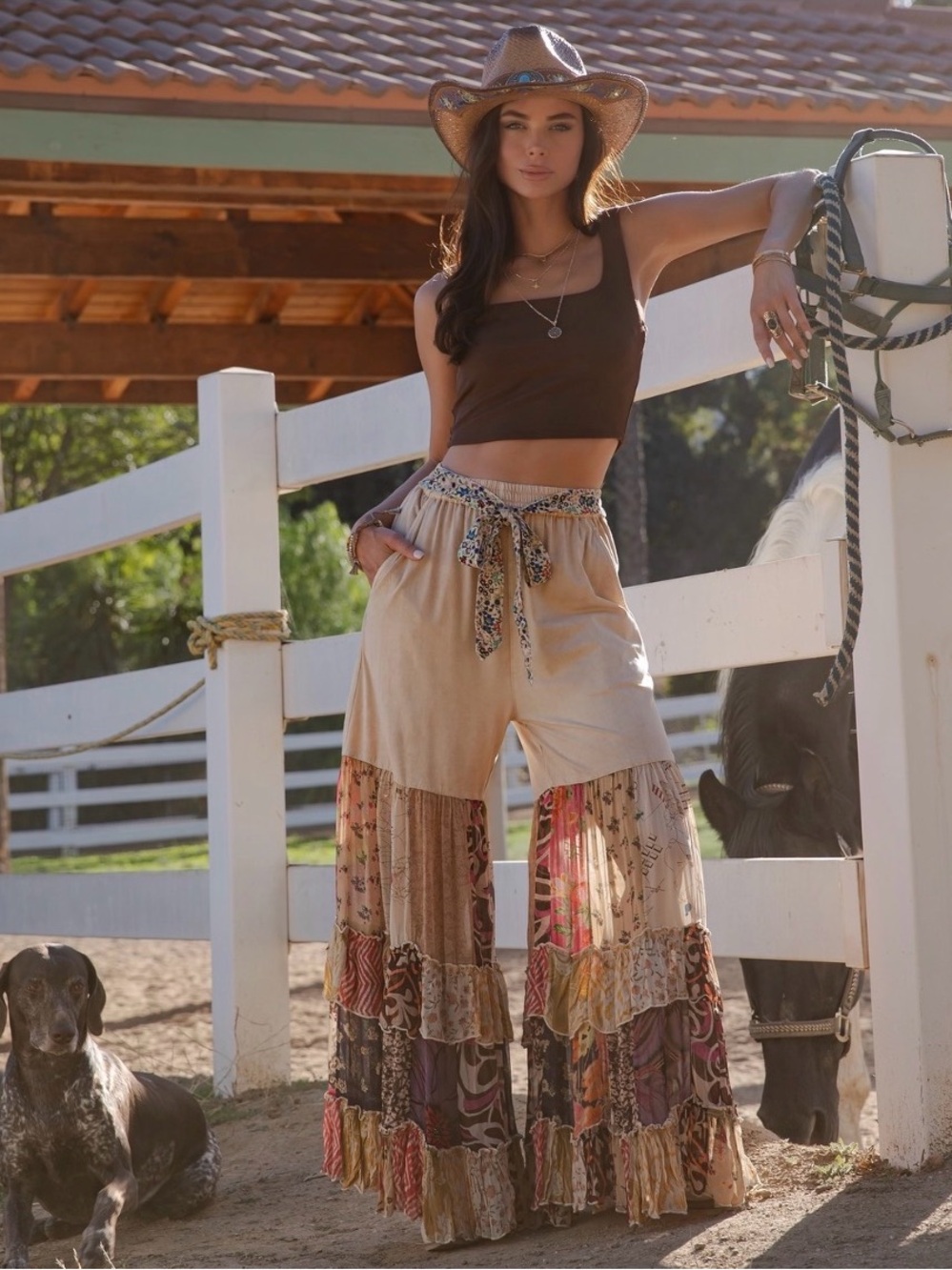 Young Thread Wide Leg Boho Patchwork Palazzo belted Pants in Cream Multi